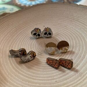 Halloween Earrings Studs Skull‎ Coffin Ghost Wooden Earrings Jewelry Set